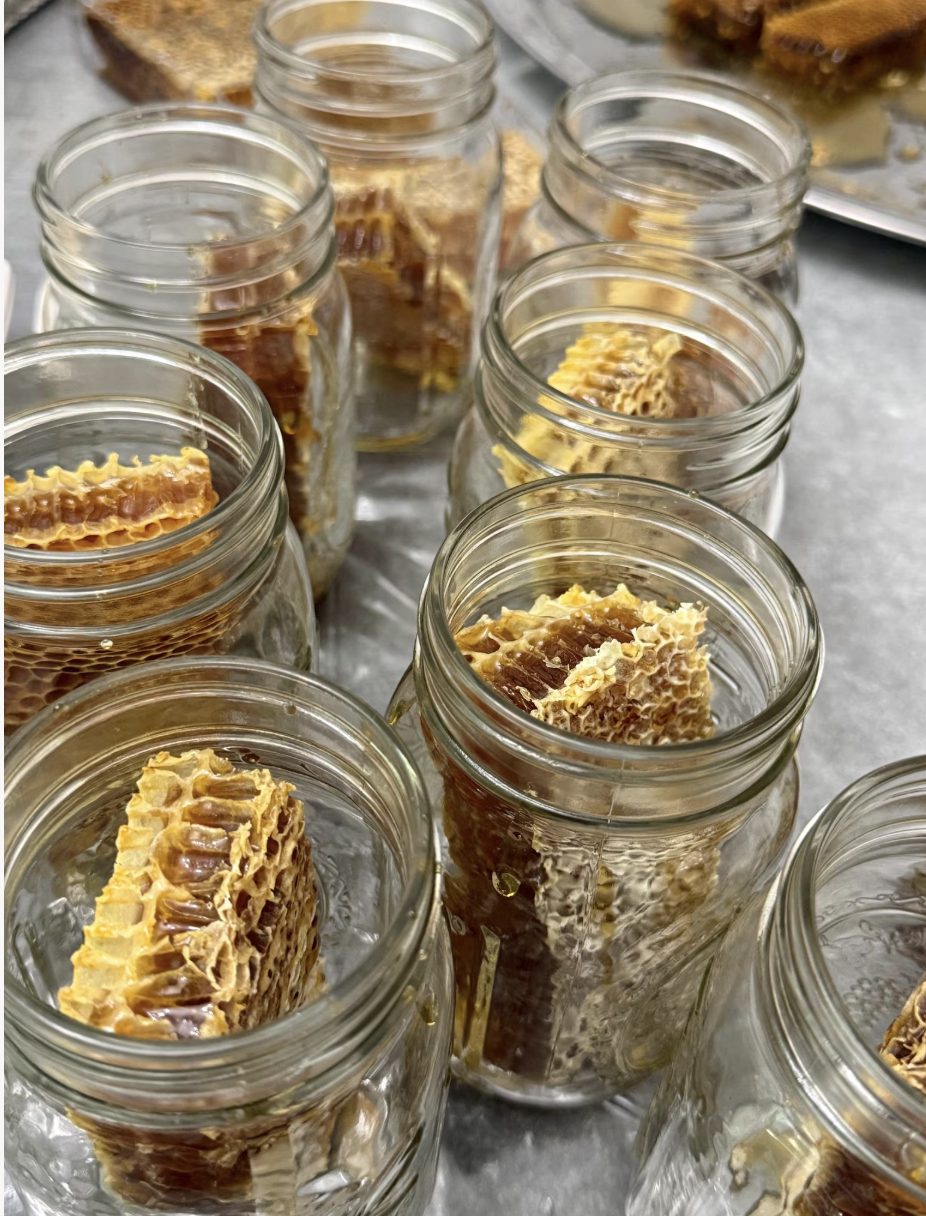 Pieces of honeycomb placed in empty Mason jars before the honey is poured